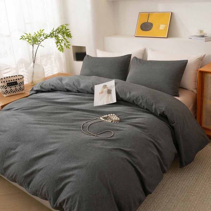 ECOCOTT Grey Duvet Cover King Size, 100% Washed Cotton 1 Duvet Cover with Zipper and 2 Pillowcases, Ultra Soft and Easy Care Breathable Cozy Simple Style Bedding Set (Dark Grey) - Image 4